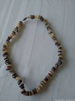 Multicolor necklace of round flat shell beads in natural shades arranged on a light fabric background