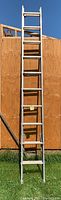 Front view of one 10-foot aluminum extension ladder standing against wooden fence outdoors on grass.