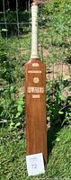 Front view of the wooden cricket bat showing the handle wrapped with white tape and multiple stickers including 'PLAYER'. The bat is leaning against a wire fence in grass.