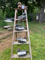 Five duck decoys displayed seated on a wooden step ladder outdoors, showing various colors and some with lead weights attached.