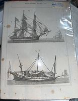Full view of the aged antique print showing two historic sailing ships with rigging, in plastic sleeve. Stains visible on edges.