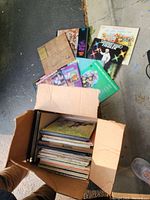Box containing stacked vinyl records with several album covers visible around it.