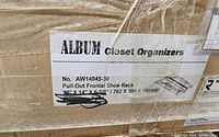 Box label showing brand ALBUM Closet Organizers with model AW14045-30 and dimensions 30" x 14" x 6-5/8".