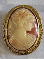 Front view of the oval cameo brooch showing the carved female profile and the gold plated setting with decorative etching.