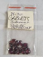 Photo showing a small sealed plastic bag labeled with '75-20 Garnets Bohemian Pyrope Almandine' containing several small faceted garnet gemstones in deep red hues.