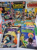 Photo of seven vintage DC comic books in mixed condition with colorful covers prominently showing titles and artwork.