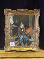 Front view of oil painting showing a man in a wine cellar with barrels and wine-making tools, framed in ornate gold frame.