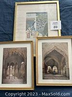 Lot shows two framed prints of Indian temple interiors and one framed original painting on silk mat, all in gold-tone frames with some wear.