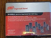 Box front showing Ingersoll Rand branding, product model SK3H8LN, SAE 8-piece deep socket set for 3/8" drive.
