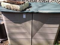 Closed storage bin exterior with green lid and beige body