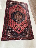 Full view of red oriental-style rug laid on white carpet