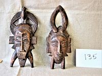 Front view of two wooden hand carved African masks showing detailed geometric and facial patterns