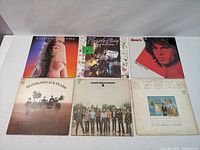Top side view of 6 vinyl records showing front covers including Earth Wind and Fire, Prince Purple Rain, Jim Morrison on The Doors cover, and three Blood Sweat & Tears albums showing group photos and artistic themes.