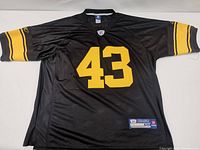 Front view of the black Troy Polamalu #43 Pittsburgh Steelers jersey with yellow stitched number, size label visible.