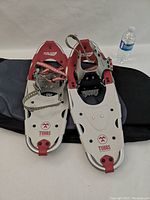 Pair of Tubbs XPlore 21 snowshoes laid next to each other on a black carrying case, with a water bottle for size reference.