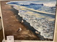 Frontal view of the acrylic painting showing the beach scene with waves and seagulls
