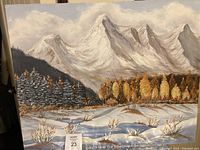 Full view of the original oil painting showing snowy mountains, autumn-colored trees, snow-covered ground and a frozen river.