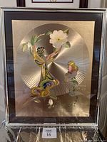 Full view of signed foil painting depicting fairy nymph with flower and butterfly, framed under glass.