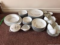Full assortment of china items arranged on carpet showing stack of plates, bowls and cups with Pampas pattern