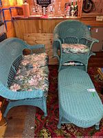 Full set: loveseat, two chairs, coffee table in basement setting