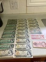 Overall layout of banknotes on countertop showing multiple rows of one-dollar, two-dollar and the single five-dollar note