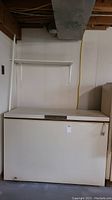 Full front view of white Woods chest freezer in basement environment.