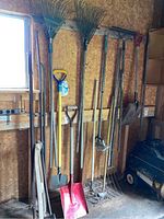 Photo showing multiple long-handled garden tools hanging on a shed wall, including rakes with green and blue tines, shovels, pitchfork, and other tools.