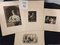 Four colored 19th century engravings laid out on a surface, visible details of figures depicted in various scenes and attire.