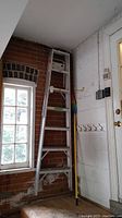 Full view of the Reynolds aluminum ladder leaning against a brick and white wall near windows and door, showing overall height and condition.