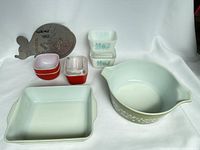 Full set displayed on white background showing all casseroles, dip bowls, cheese tray and Fridgie.