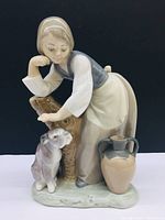 Front and side view showing the girl leaning on the tree stump with dog sitting beside her and a ceramic jug on the ground.
