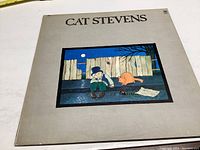 Front cover of Cat Stevens vinyl record with cartoon man and cat artwork and album title.
