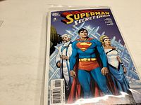 Photo of the first Superman comic showing Superman in costume with two supporting characters