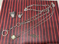 Overview of six jewelry pieces on red and black striped fabric, shows two rings with moonstones, large linked silver necklace, and other silver-tone necklaces with pendants.