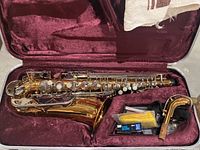 Alto saxophone inside a burgundy velvet lined hard case with the neck piece, reed boxes, cleaning cloth, and strap.