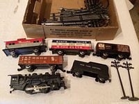 Photo showing locomotive, passenger car, freight cars, and livestock car displayed, illustrating details and condition of train cars.