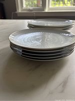 Side view of the stack of white embossed plates showing detail of shape and size