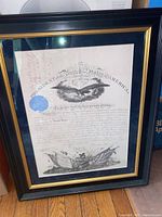 Framed print leaning against wall on hardwood floor