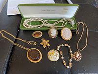 Overview of all jewelry items displayed on black surface including pearl necklace in green box, multiple cameo brooches and pendants, pearl bracelet, rose brooch and ring.