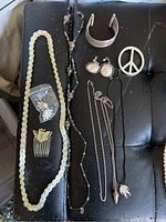 Full view of assorted jewelry pieces including necklaces, bracelets, earrings, pins.