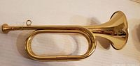 Gold tone bugle lying flat to display full length and flare of bell.