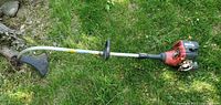 Photo of the red Homelite Trimlite gas-powered weed trimmer lying on grass showing full length with curved shaft, plastic guard, and loop handle