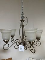 Full image of chandelier showing five curved metal arms and frosted glass bell-shaped shades with scalloped edges.