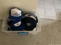 Box containing seven baseball-style caps in various colors and branded with different logos.