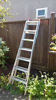 Full view of aluminum ladder leaning against a wooden fence outdoors in daylight, showing length, rung spacing and overall structure.