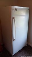 Exterior view of upright freezer from front-left angle