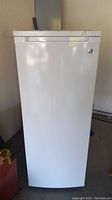 Front view of upright white Igloo freezer against a wall