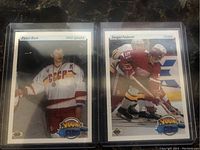 Front view of Pavel Bure and Sergei Fedorov rookie cards in protective sleeves.