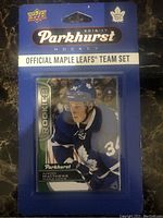 Sealed front side of 2016-17 Parkhurst hockey cards pack showing Auston Matthews rookie card and Upper Deck logo