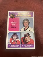 Front side of 1974-75 Topps Hockey card #209 highlighting NHL Assist Leaders with portraits of Bobby Orr, Bobby Clarke, and Pete Mahovlich.